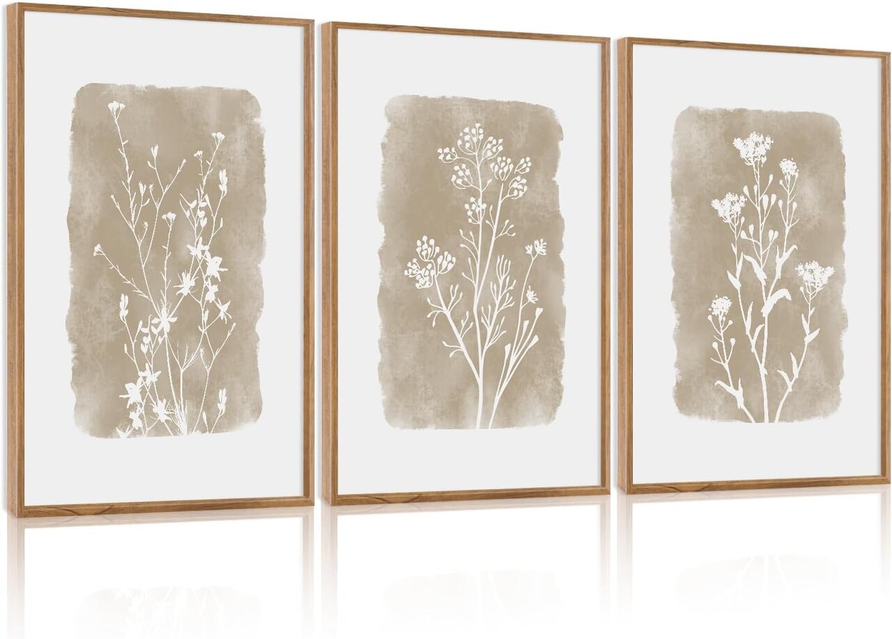 Summer Vintage Floral Framed Canvas Wall Decor Set of 3, Minimalist Nature-Inspired Wildflower Wall Paintings, Neutral Botanical Flower Art Prints for Dining Room, Bedroom Decor (12x16 Inch)
